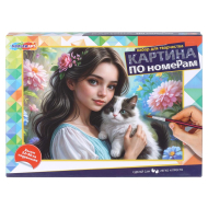 Картина по номерам  МУЛЬТИ АРТ "Девушка и котик", на подрамнике, 22х30 см